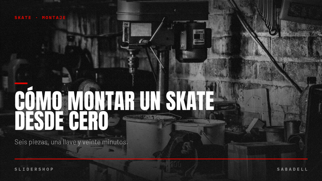 Skate a medio montar sobre un banco de trabajo, guía de montaje de Slidershop Sabadell