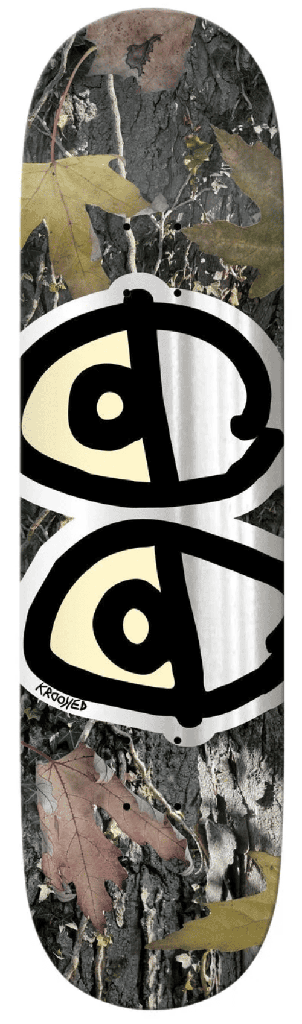 Tabla skate Krooked Team Eyes Camo 8.5 con camuflaje y gráfico de ojos blanco, crema y negro