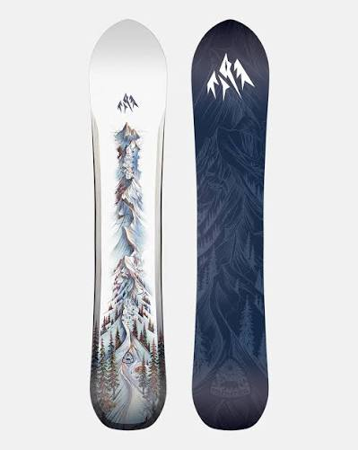 Tabla de snowboard Frontier 2.0, vista superior con ilustración de montañas y base oscura.