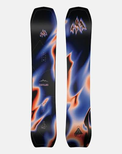 Tabla de snowboard Jones Howler, vista superior y suela con diseño negro, azul y naranja