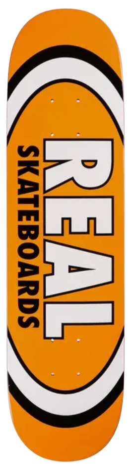 Tabla Real Classic Oval 7.5 naranja con logotipo Real Skateboards blanco y negro