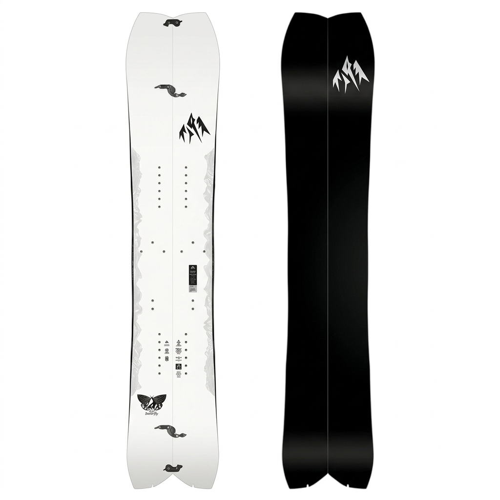 Jones ULTRALIGHT Butterfly Splitboard, vista superior blanca y suela negra completas sobre fondo blanco