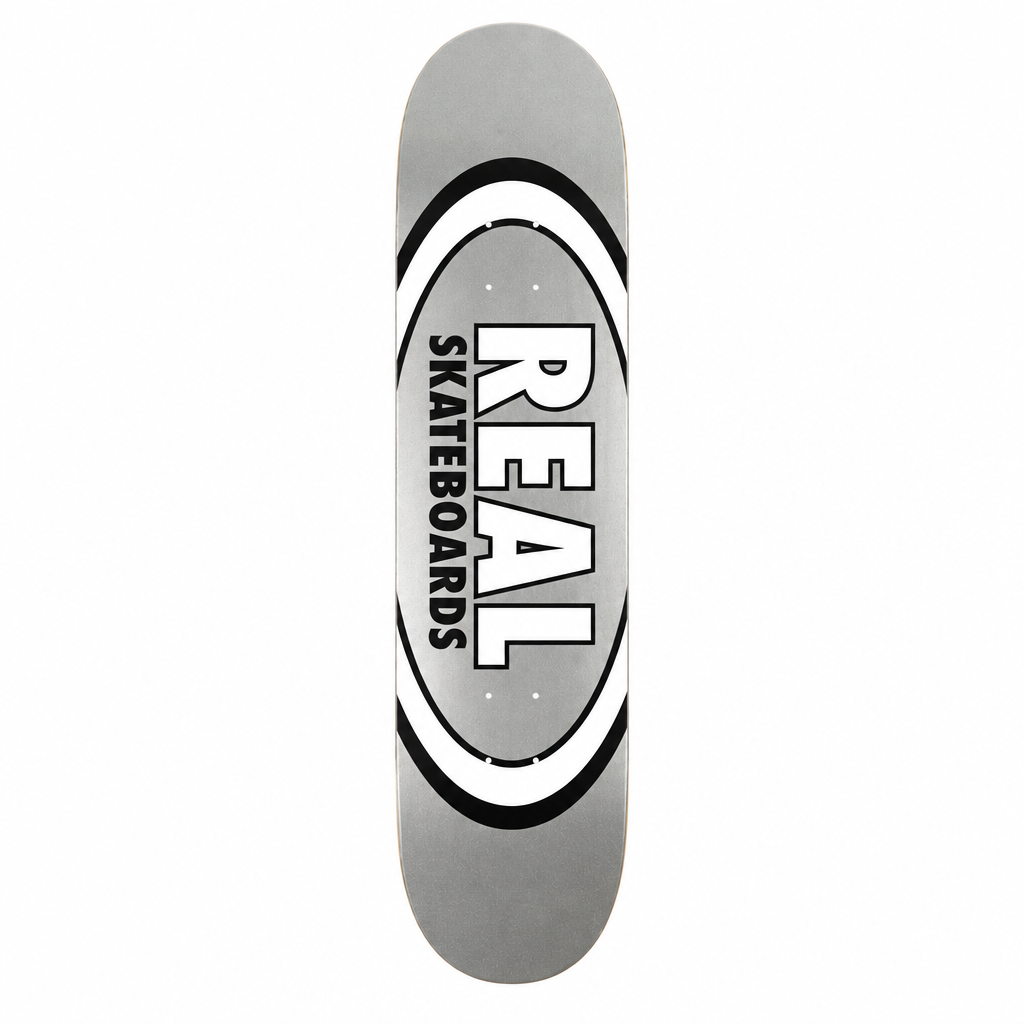 Tabla Real Easy Rider Oval gris, blanca y negra, completa sobre fondo blanco